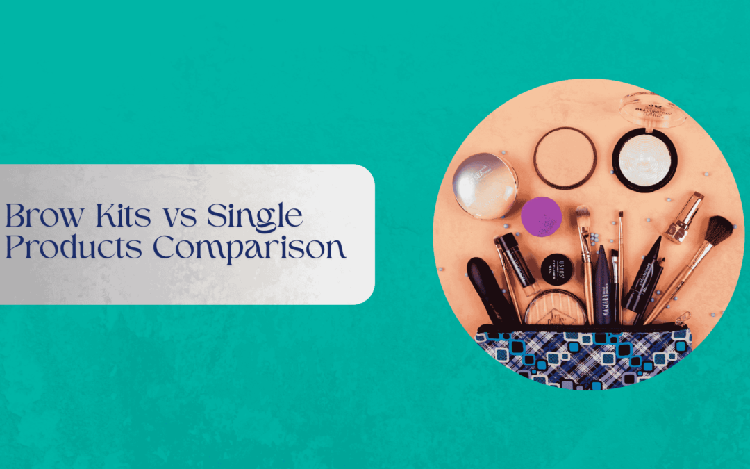 Brow kits and single eyebrow products arranged on a neutral surface