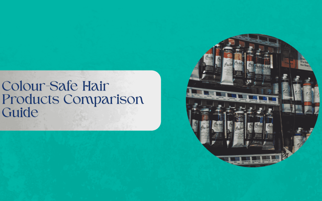 Assorted colour-safe hair products displayed on a neutral background