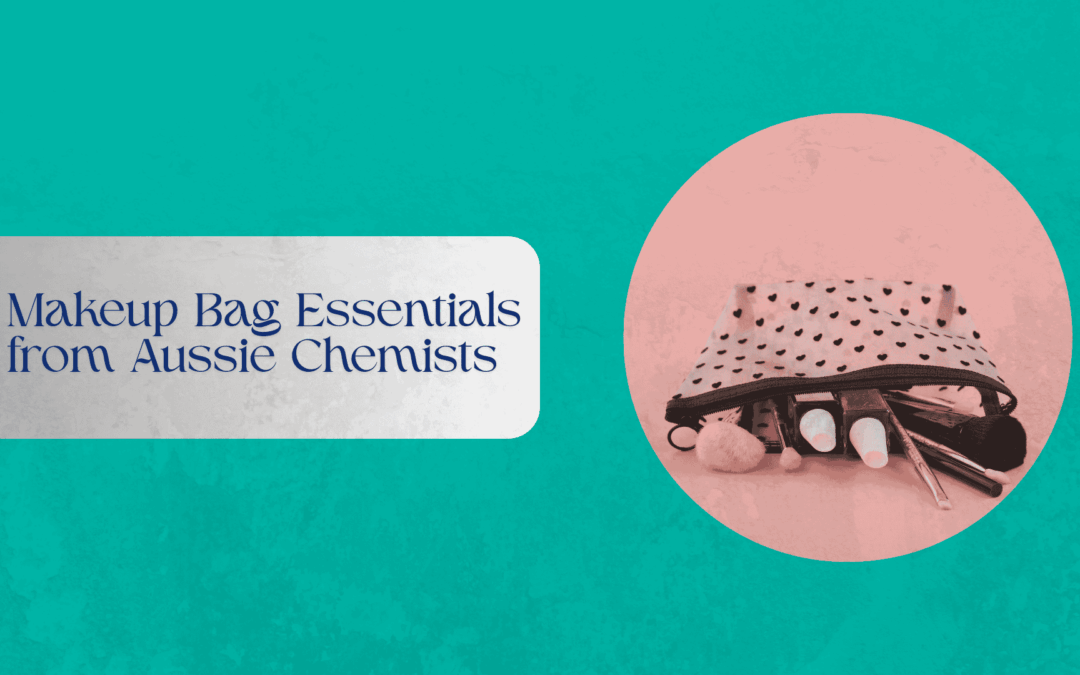 Everyday makeup essentials arranged in a cosmetic bag