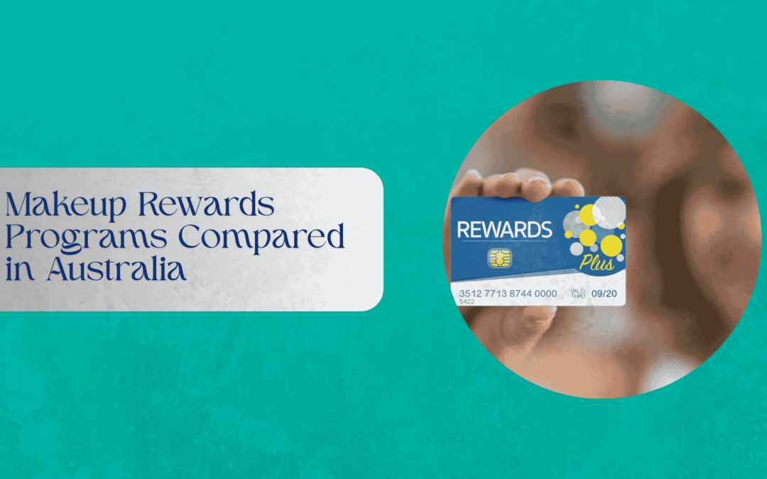 Makeup rewards program cards and cosmetic products on display