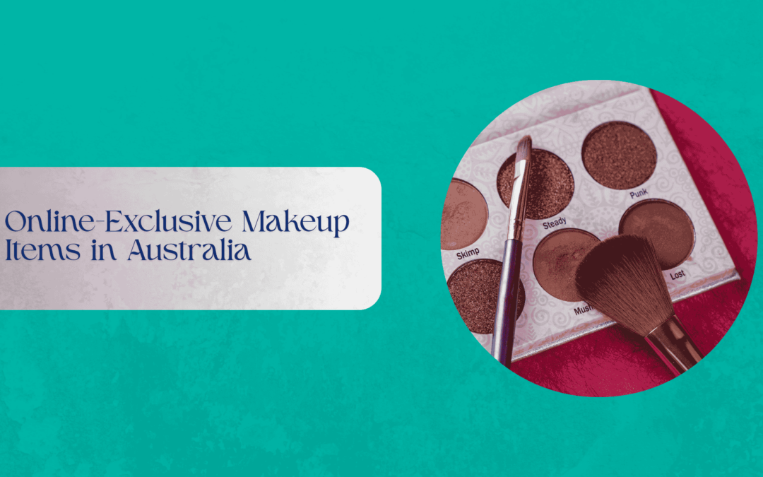 Flat lay of online-exclusive makeup products on a neutral background