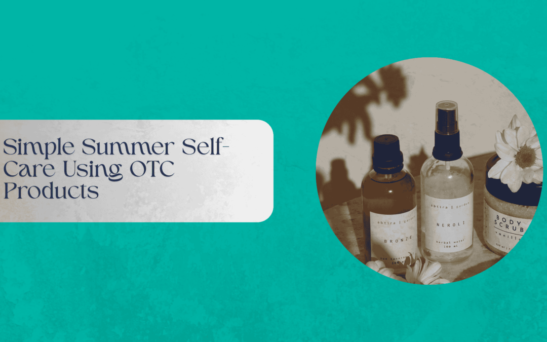 OTC summer self-care products on a beach table