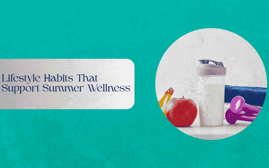 Summer personal care items arranged on a light background